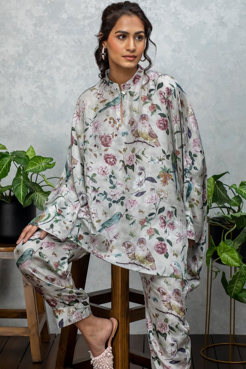 Grey/Multicolor Printed Silk Co-ord Set