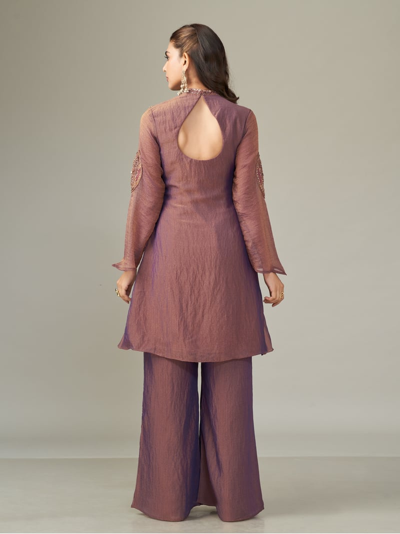 Antique Plum Shimmer Chiffon Kurta and Pant Co-ord Set