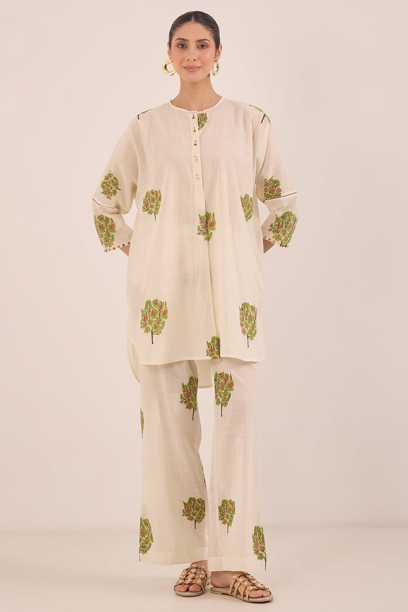Ivory Cotton Printed Tunic and Wide-Leg Pants Co-ord Set — SHIVANI BHARGAVA
