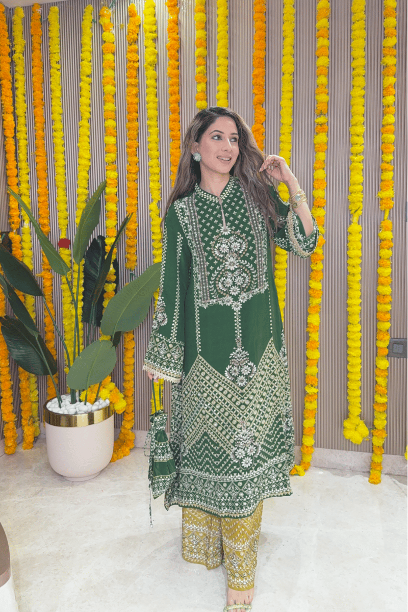 Green and Mustard A-Line Kurta Set with Mirror Work