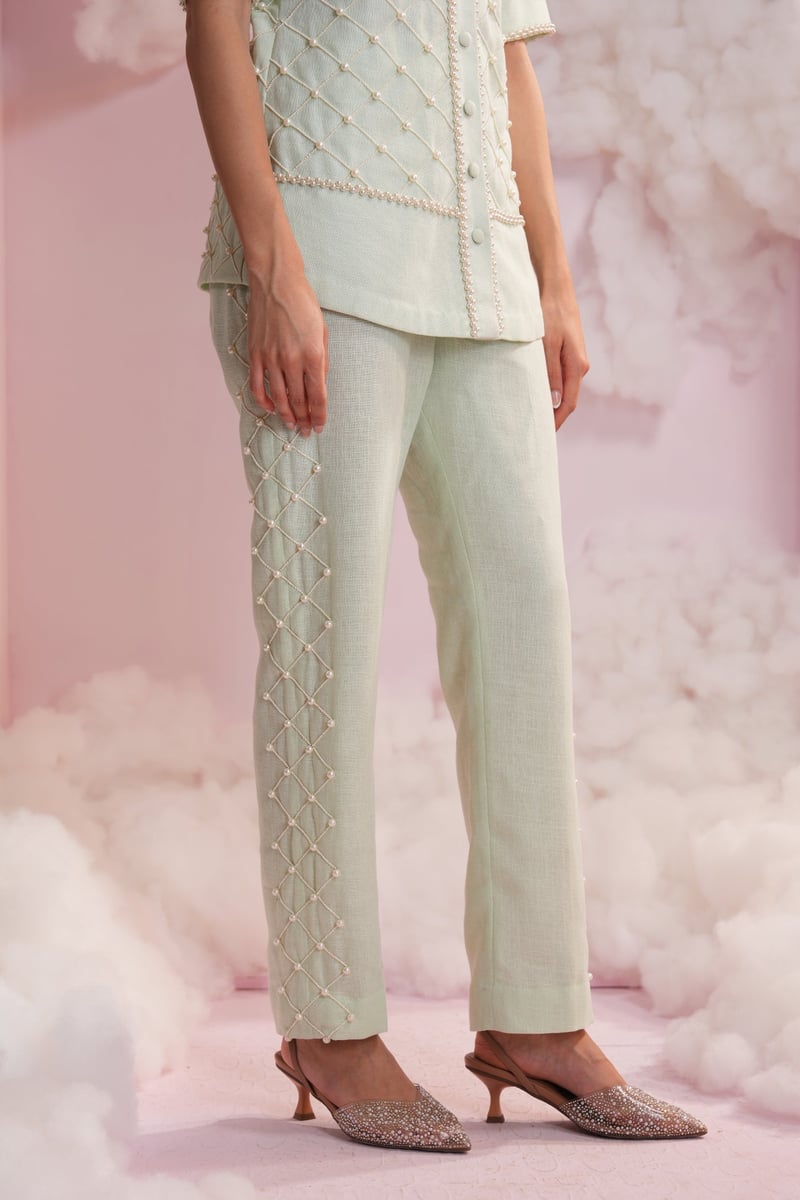 Mint Green Pearl Lattice Shirt and Pants Co-ord Set