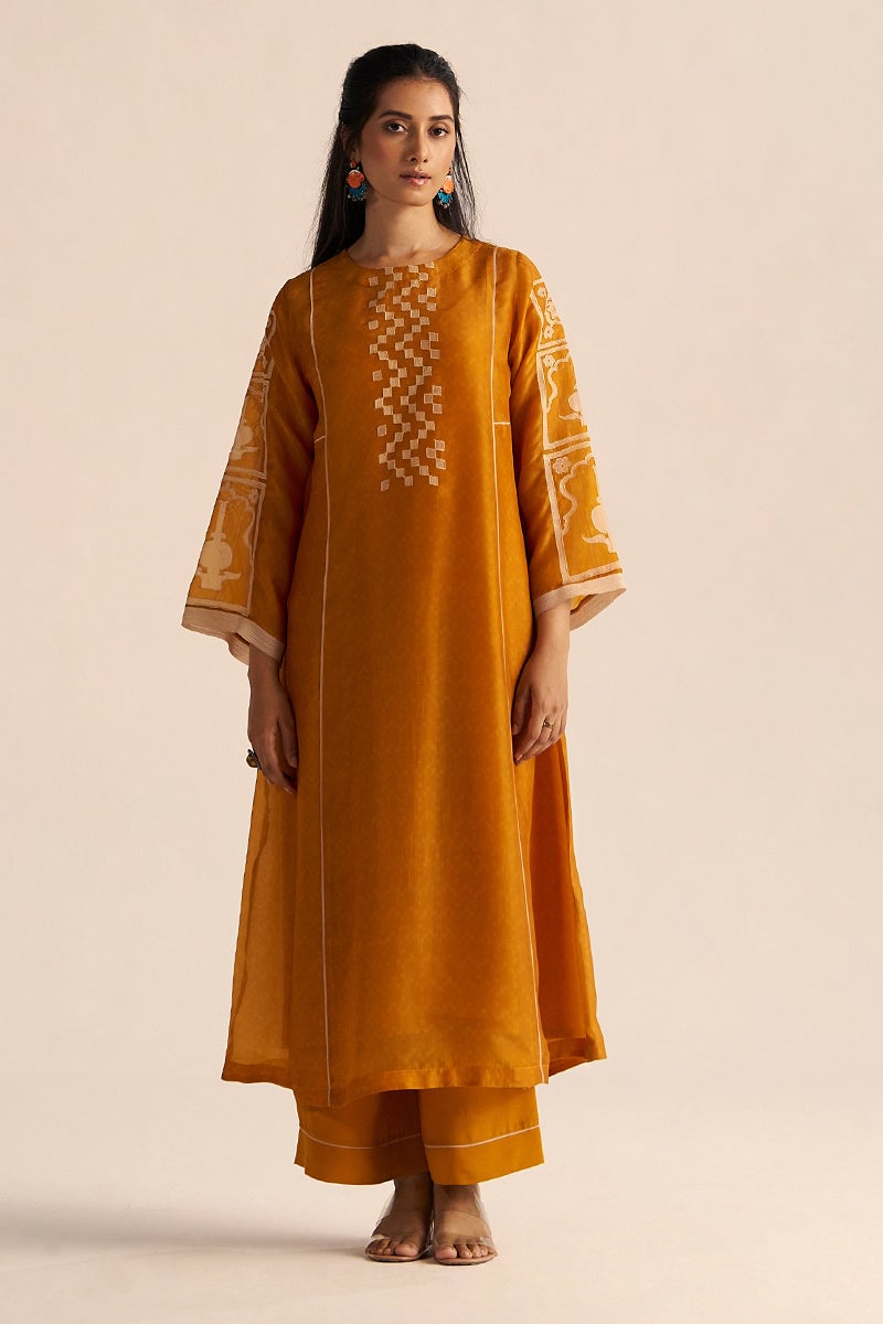 Nugget Yellow Silk Kurta and Wide-Leg Pants Co-ord Set — Ganga Fashions Pvt Ltd
