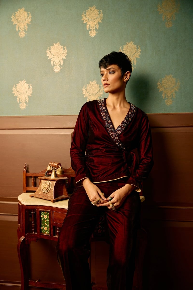 Maroon Micro Velvet Wrap Jumpsuit with Embellished Lapel