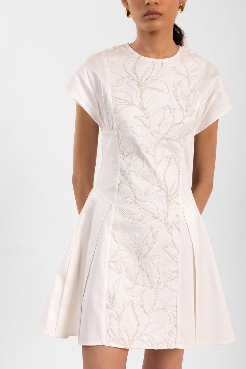 White Embroidered Fit and Flare Mini Dress