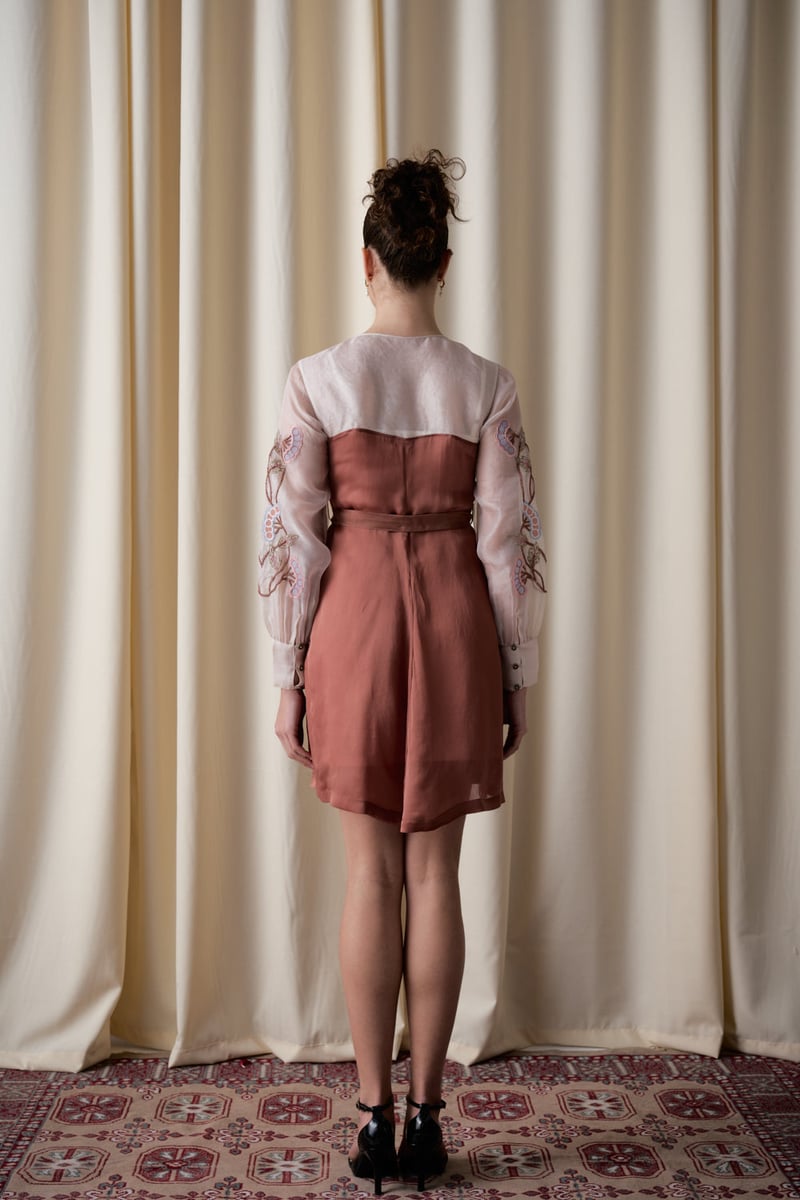 Mocha Fit and Flare Dress with Sheer Embroidered Yoke