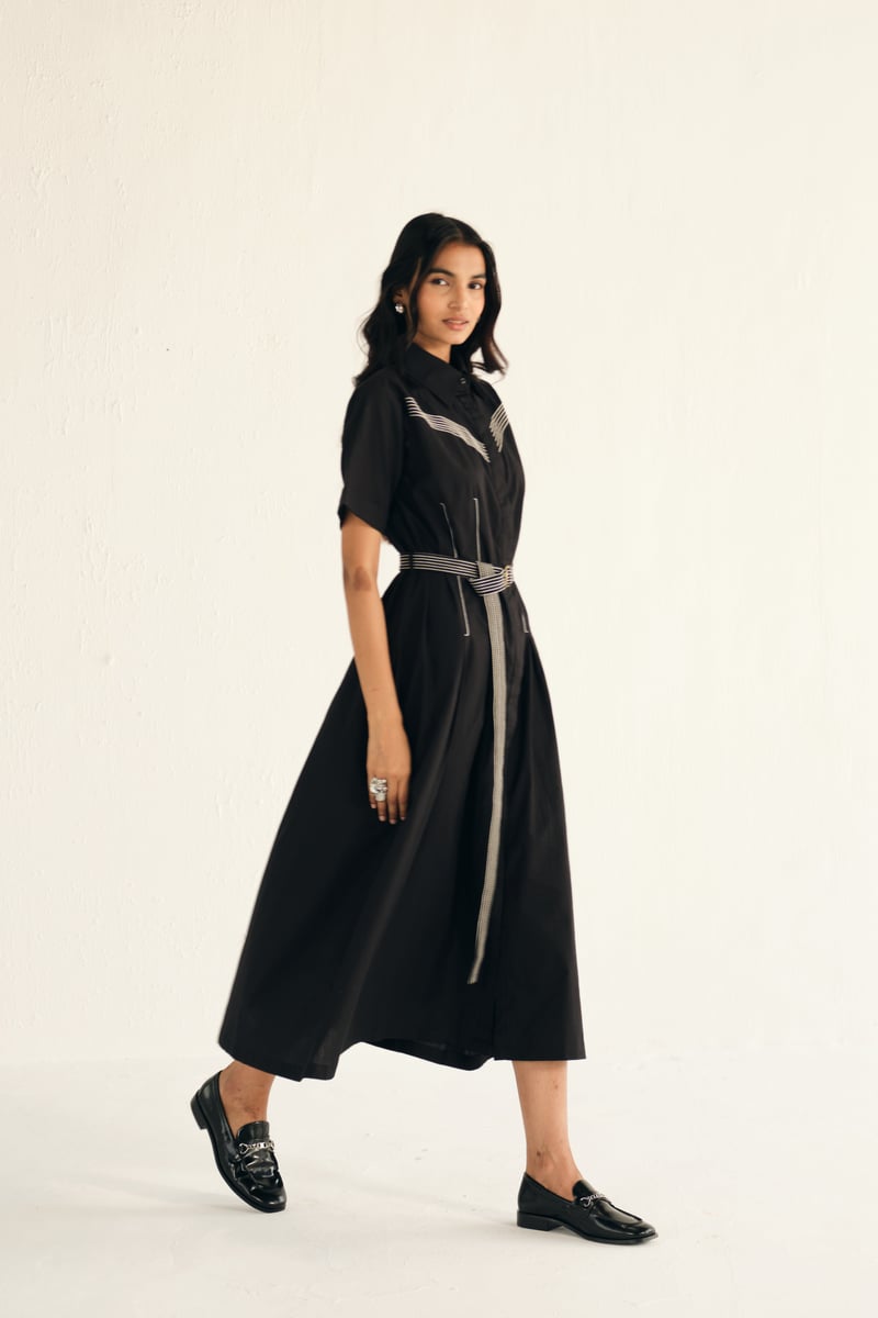 Black Poplin Midi Shirt Dress with Contrast Stitch Belt