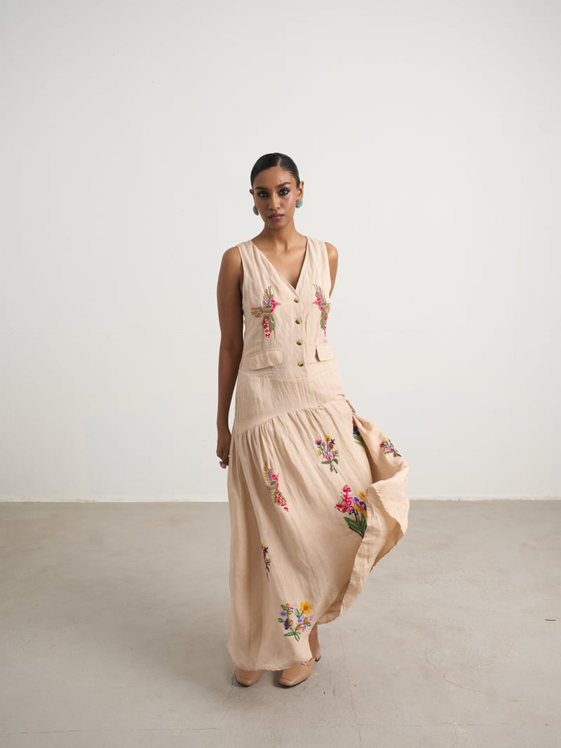 Beige Linen Hand-Embroidered Button-Front Maxi Dress