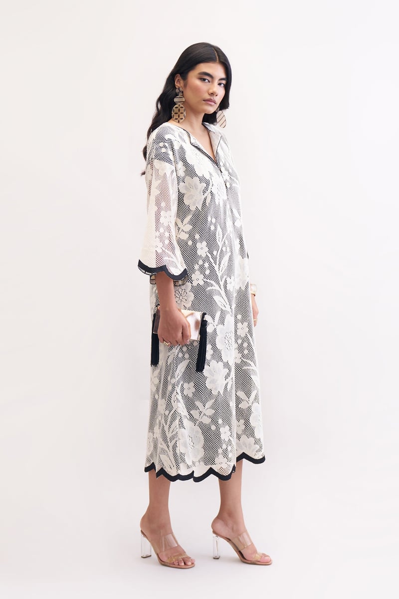 Ivory Cotton Lace Midi Kaftan Dress with Black Trim