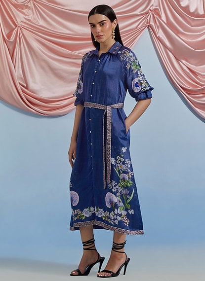 A.F Blue Belted Shirt Midi Dress with Floral Motifs
