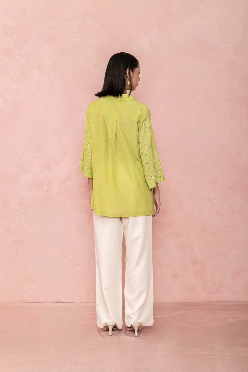 Bright Green Shirt with Embroidered 3/4 Sleeves