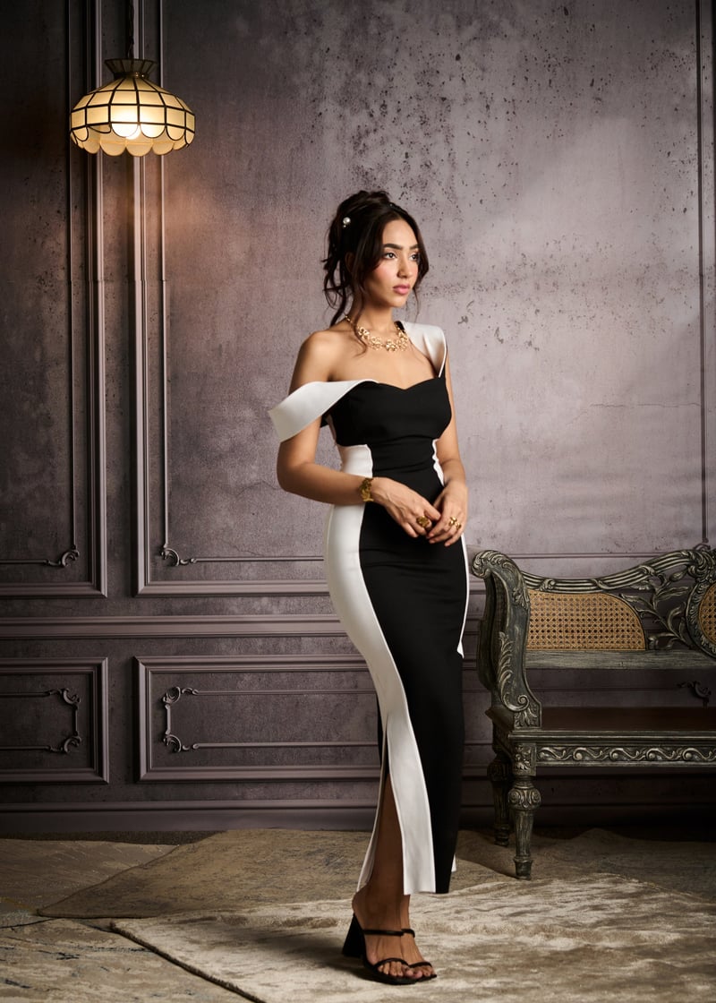 Janet Black Color-Block Structured Sleeve Maxi Dress