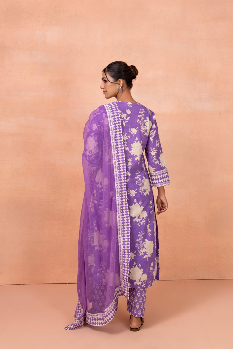 Purple Floral Printed Cotton Kurta Set with Dupatta