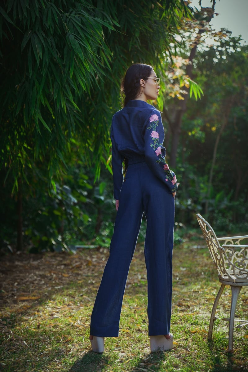Navy Blue High-Rise Linen Flared Trousers