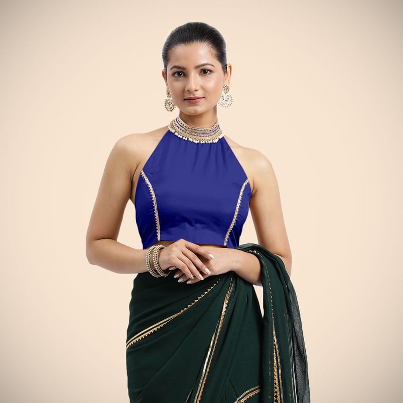 Cobalt Blue Halter Neck Gota Patti Saree Blouse
