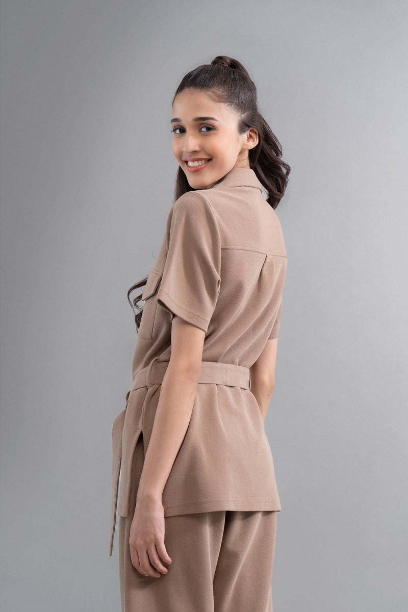 Brown Mini Waffle Belted Safari Shirt