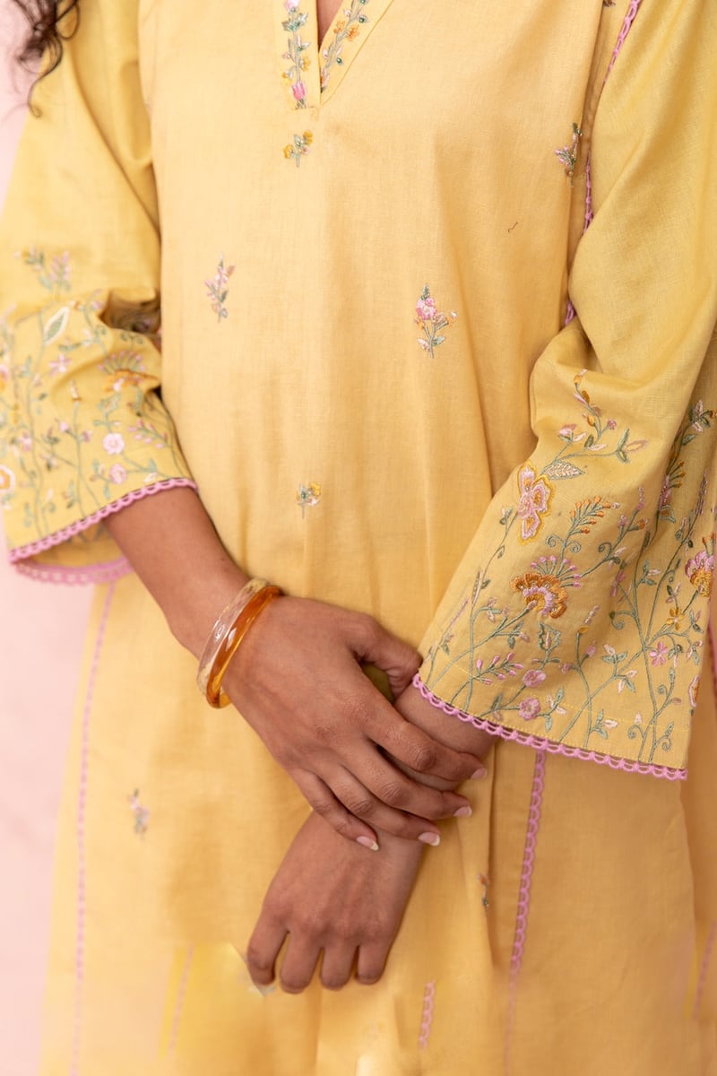 Mustard Embroidered Kurta and Pant Co-ord Set
