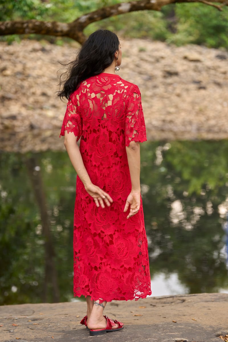 Red Lace Midi Dress with Band Collar and Flared Sleeves