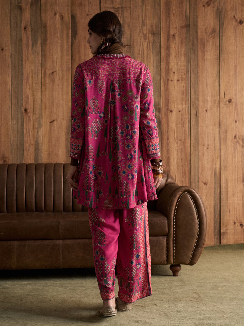 Pink Printed Kurta and Wide-Leg Pants Co-ord Set
