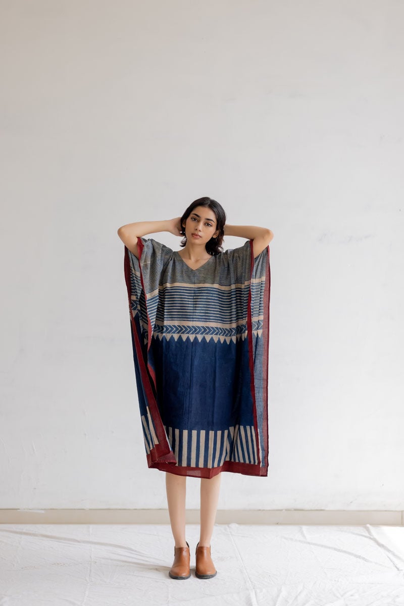 Multicolor Cotton Printed Midi Kaftan Dress