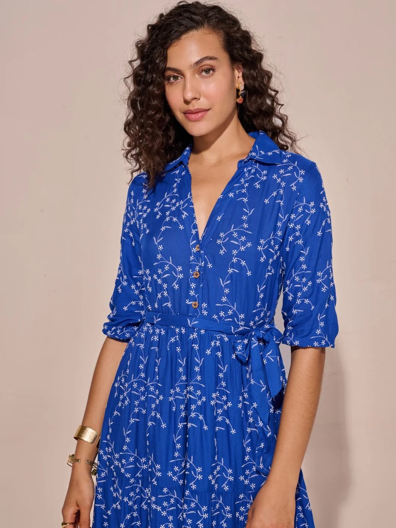 Blue Floral Print Belted Tiered Midi Shirt Dress