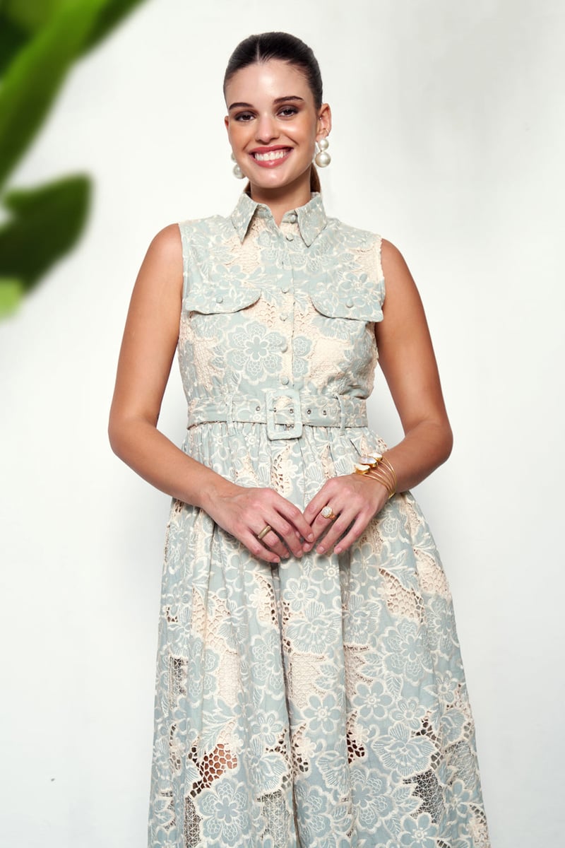Blue Cotton Lace Collared Button-Front Maxi Dress