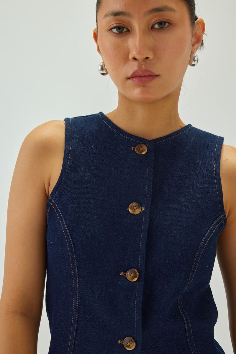Blue Denim Round Neck Button-Front Waistcoat