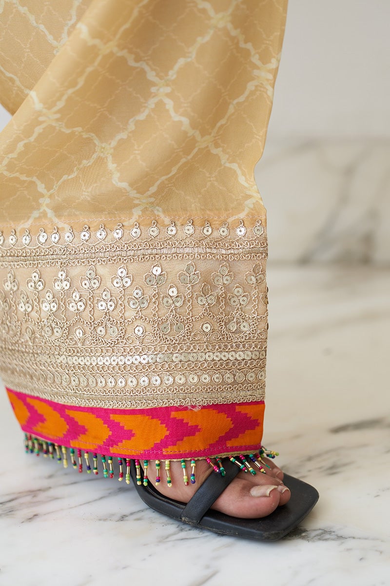 Mustard Yellow Printed Kurta Set with Mirror Work