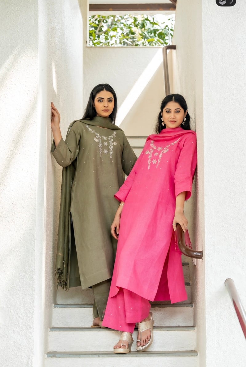 Olive Green Linen Straight Kurta Set with Dupatta