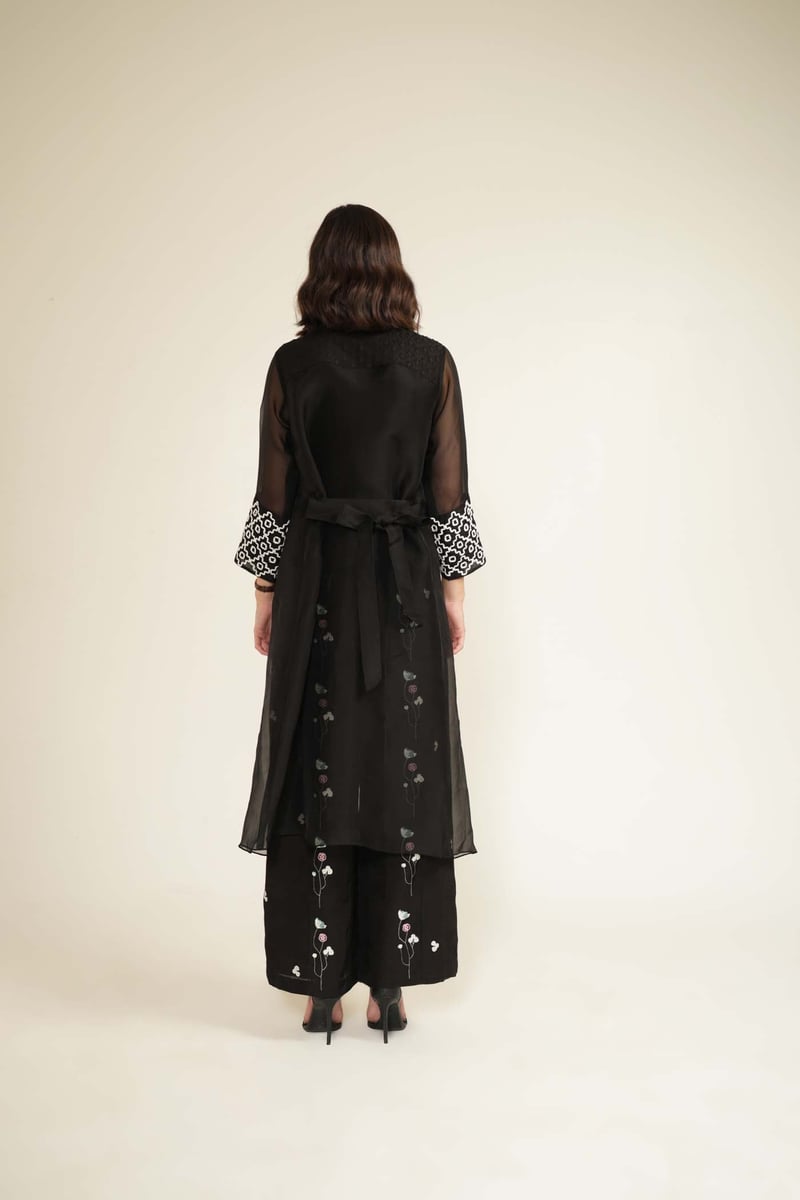 Black Organza Jacket, Top and Wide-Leg Pants Co-ord Set