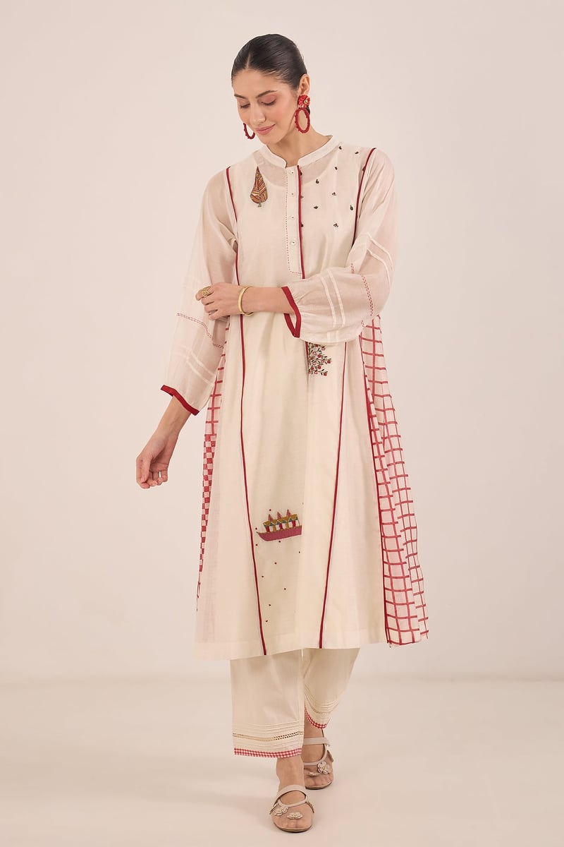 Ivory Chanderi Kali Kurta Set with Red Check Panels