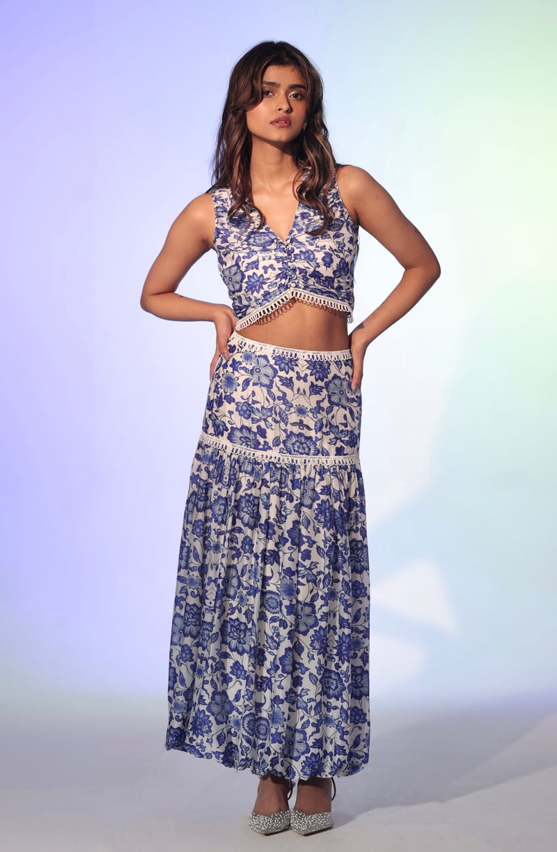 White/Blue Floral Crop Top and Maxi Skirt Co-ord Set
