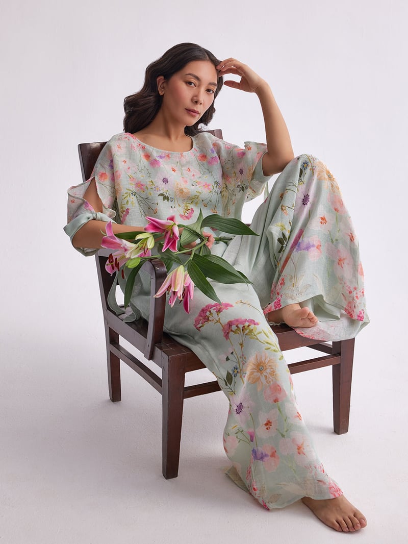 Aqua Bloom Gauze Linen Cape and Palazzo Co-ord Set