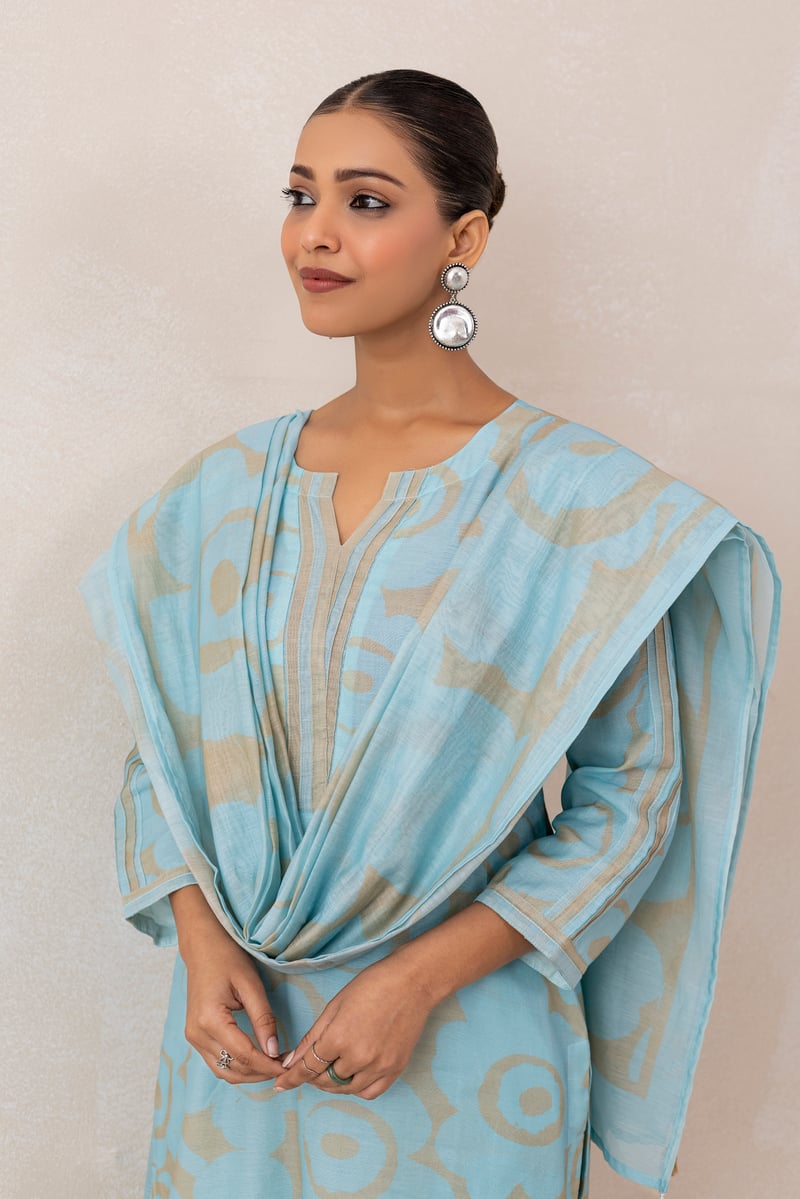 Blue Beige Abstract Printed Chanderi Kurta Set with Dupatta