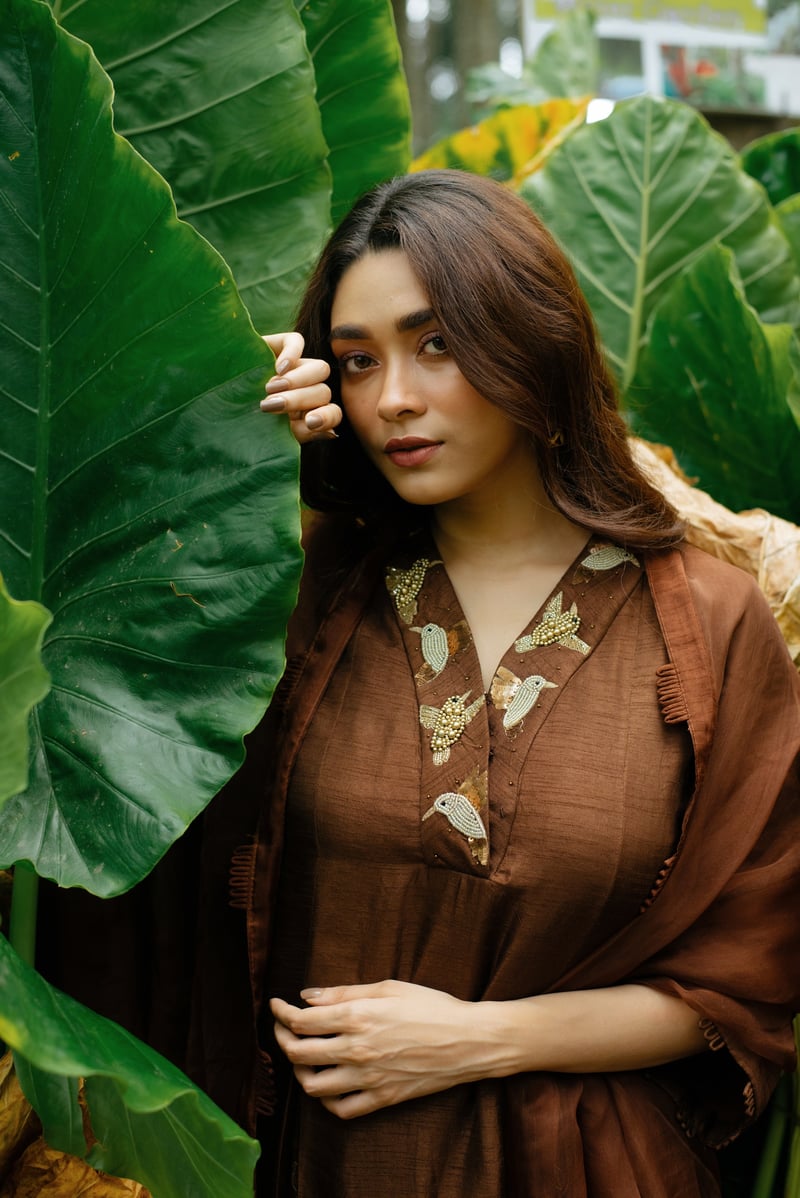 Brown A-Line Embroidered Kurta Set with Dupatta