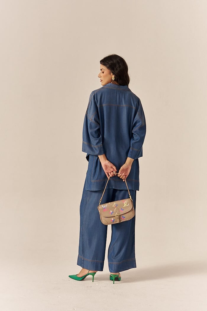 Blue Lapel Shirt and Flared Pants Co-ord Set