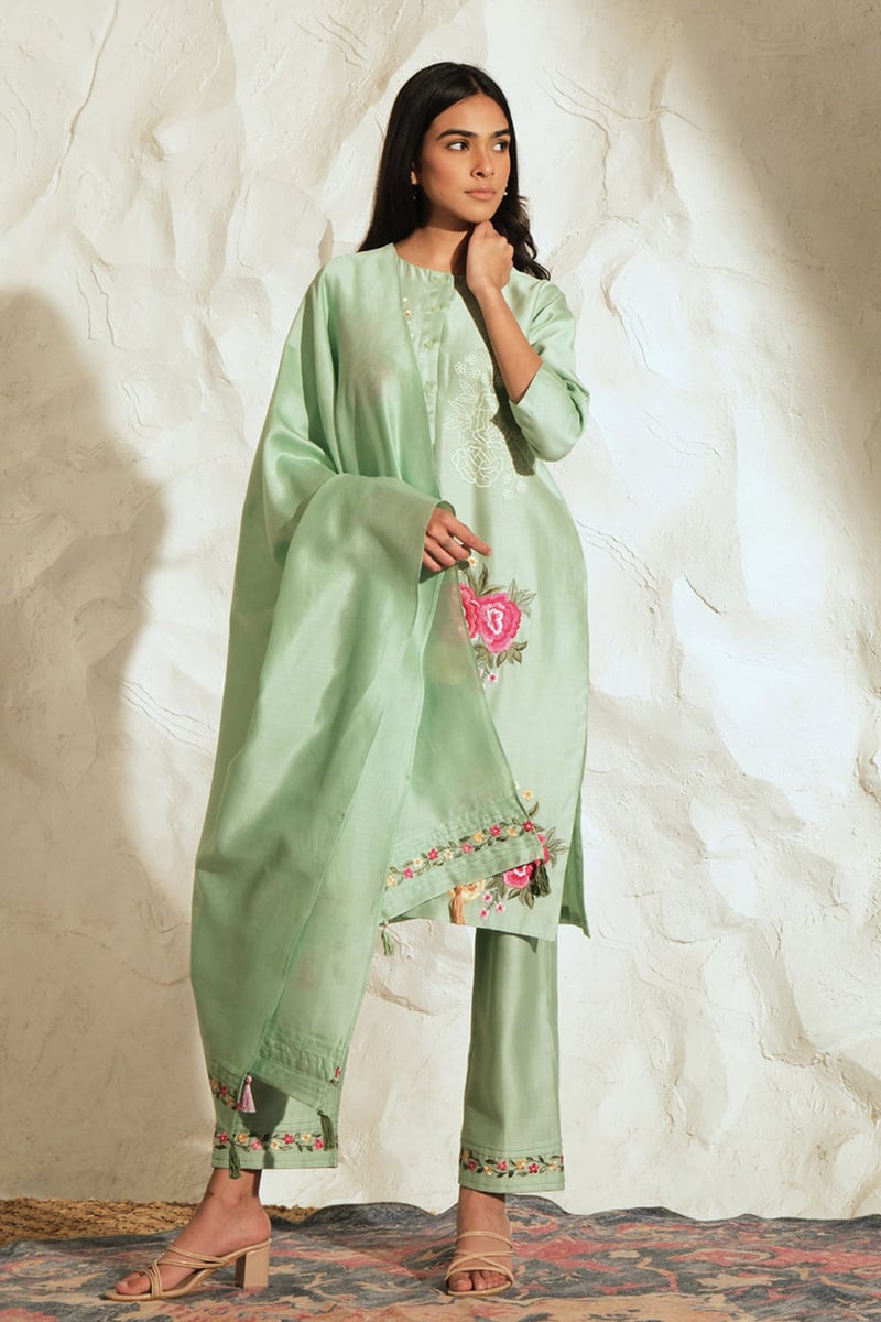 Pastel Green Chanderi Embroidered Straight Kurta Set