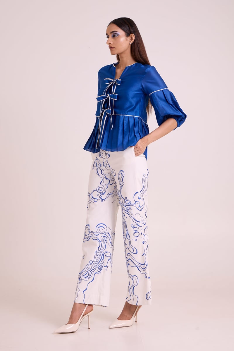 Electric Blue Tie-Up Top & Printed Wide-Leg Co-ord Set