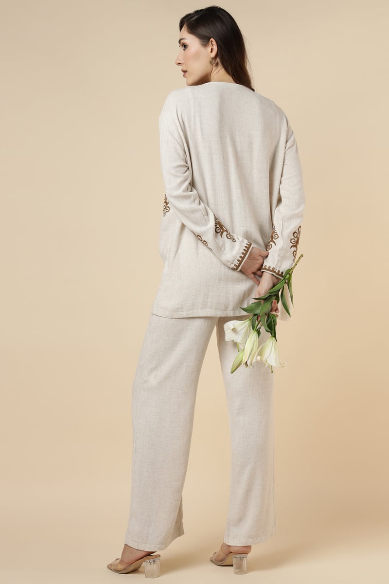 Natural Cotton Shrug and Wide-Leg Pants Co-ord Set