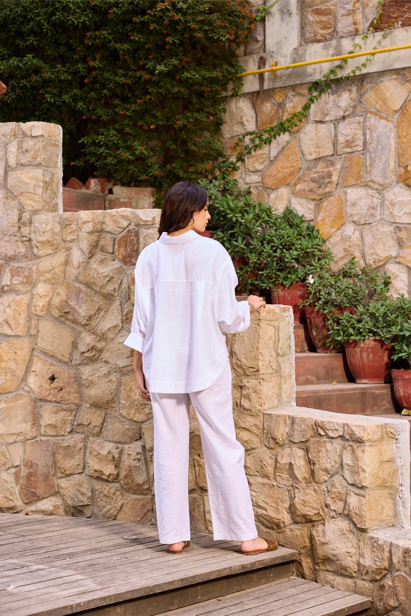 White Linen Blend Shirt and Wide-Leg Pants Co-ord Set