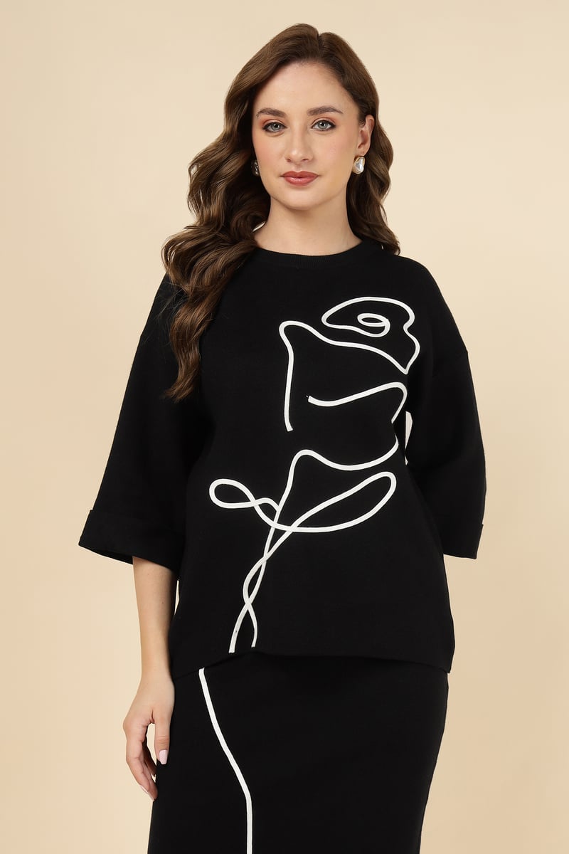 Black Graphic Knit Top and Midi Skirt Co-ord Set