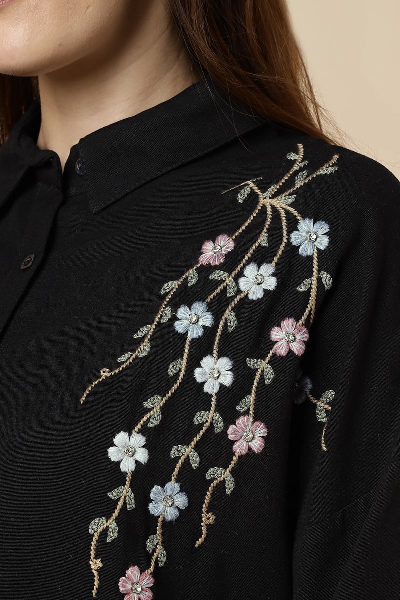 Black Floral Embroidered Longline Button-Down Shirt