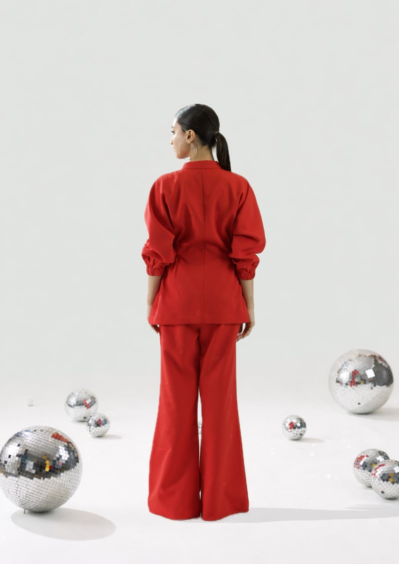 Red Zip-Front Shirt and Wide-Leg Pants Co-ord Set