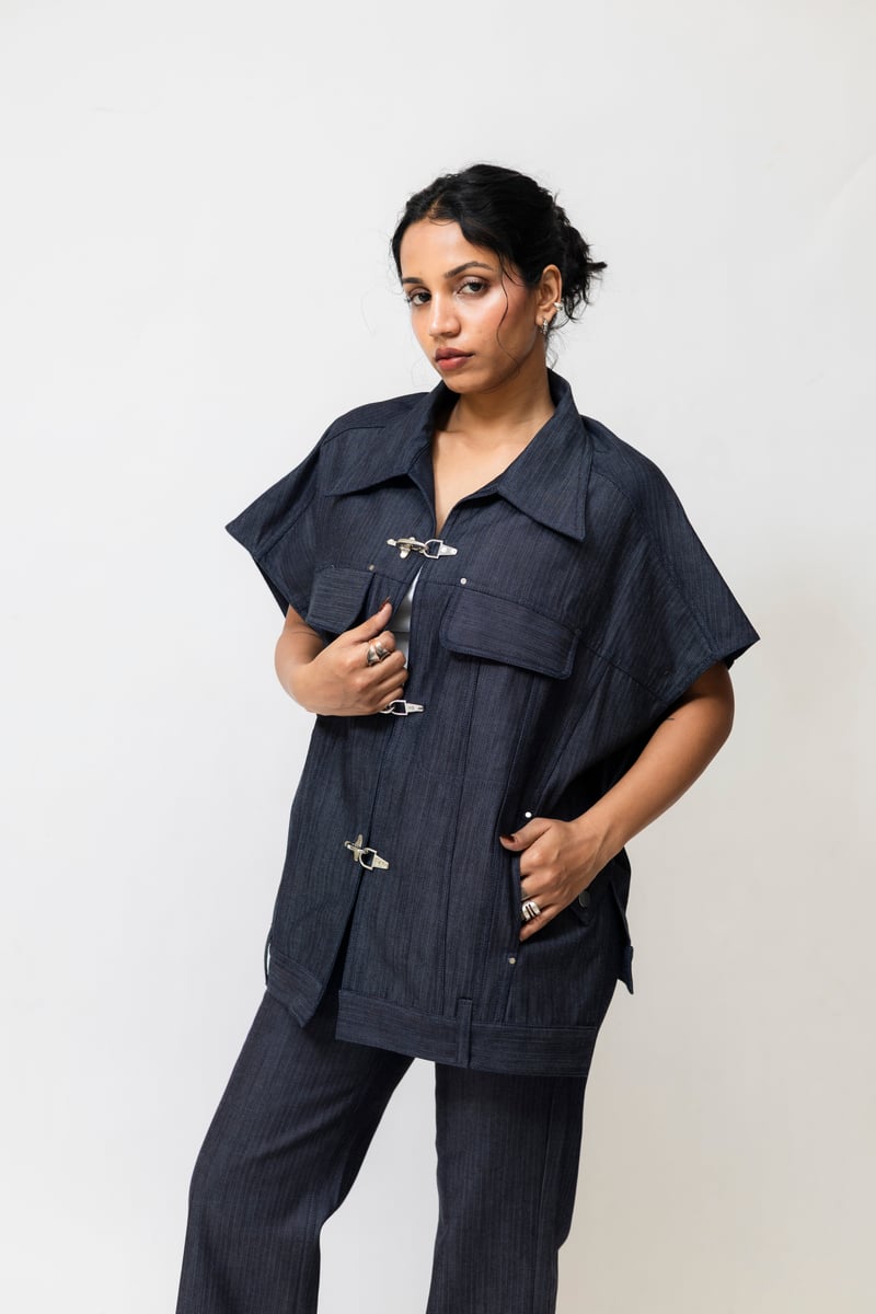 Navy Blue Oversized Herringbone Denim Utility Jacket