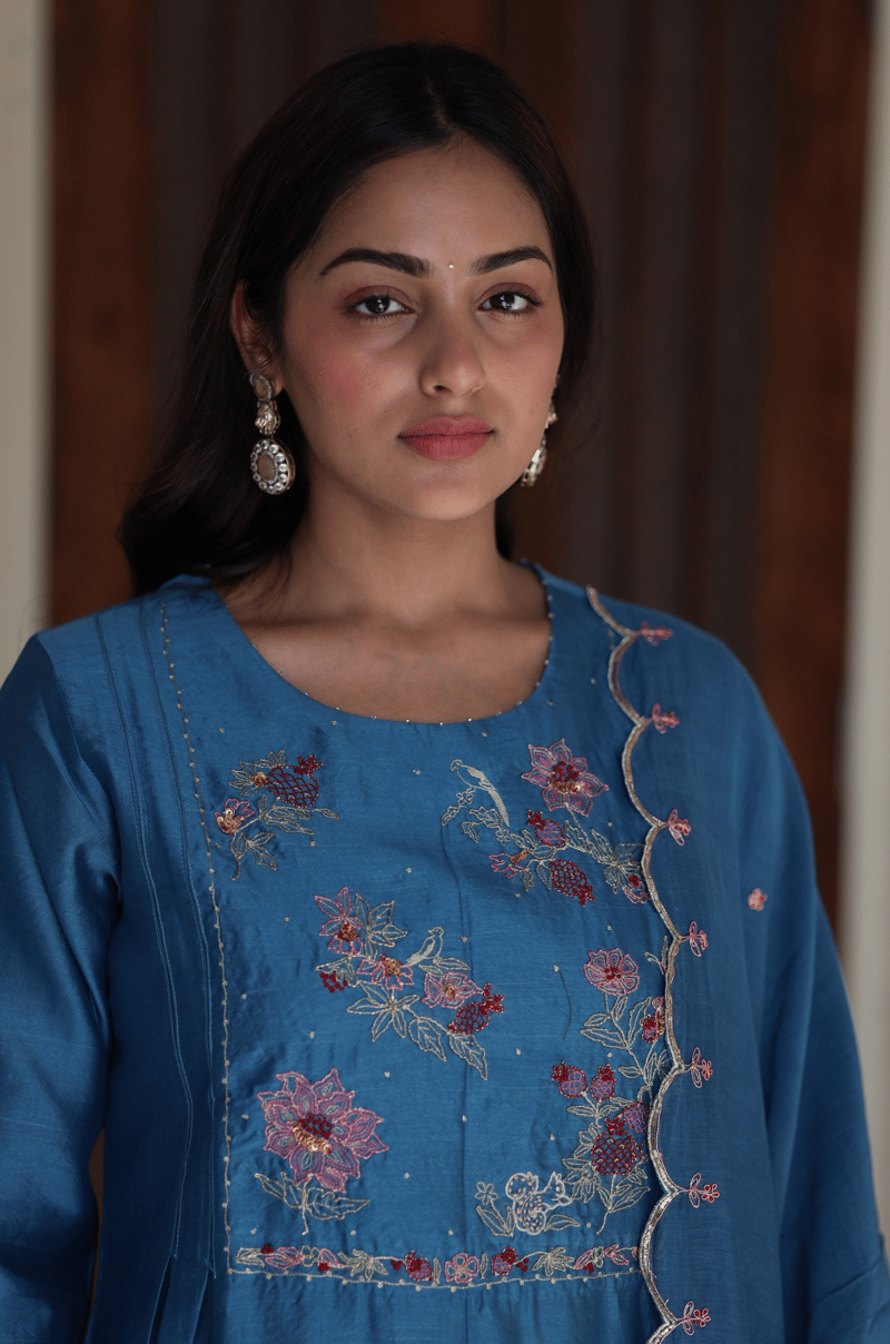 Prussian Blue Chanderi Embroidered Kurta Set with Dupatta