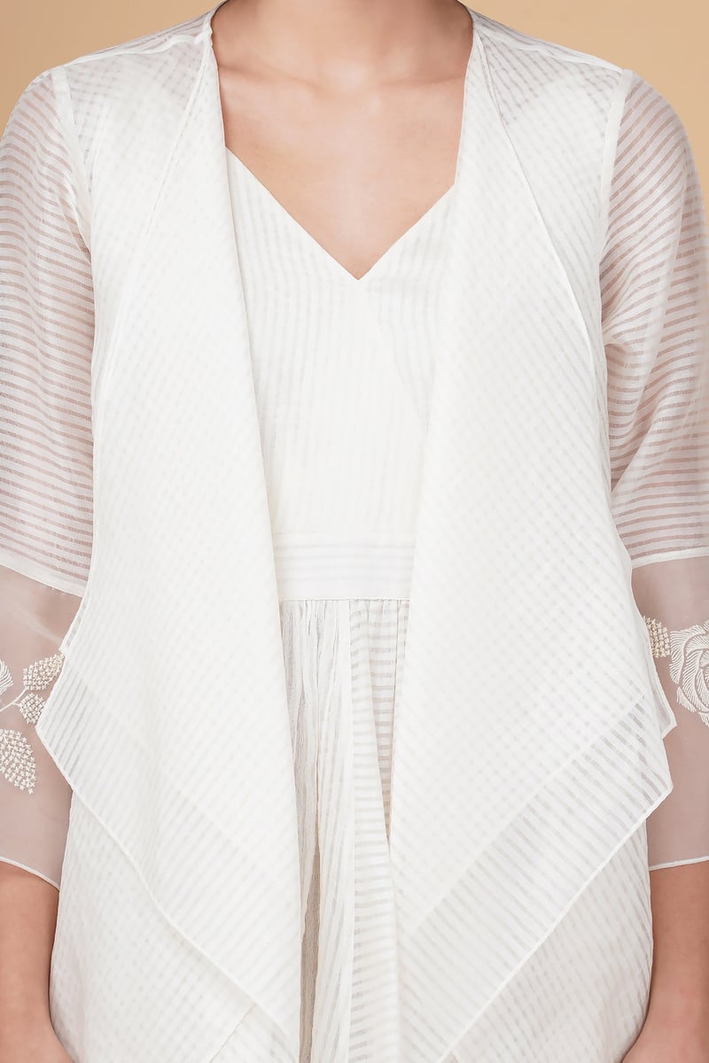 Ivory Stripe Organza Midi Dress and Draped Jacket Set