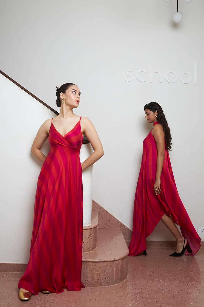 Pink/Red Striped Satin Maxi Dress