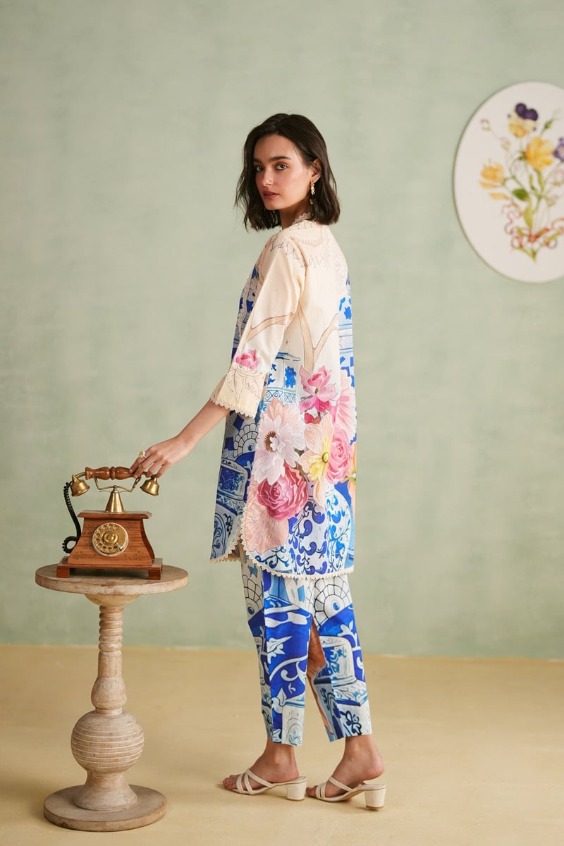 Beige/Blue Printed Cotton Lawn Suit Set