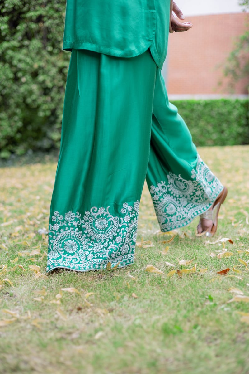 Emerald Green Embroidered Kurta and Farshi Salwar Set