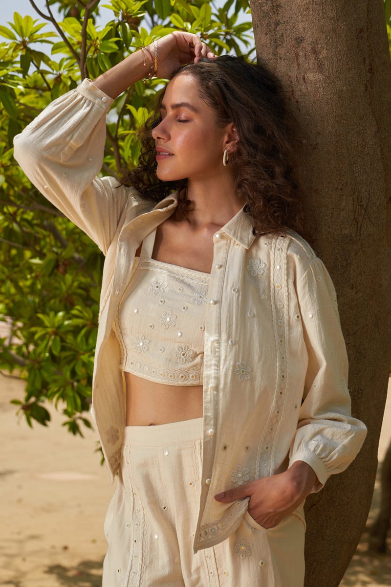 White High-Waist Wide-Leg Mirror Work Pants