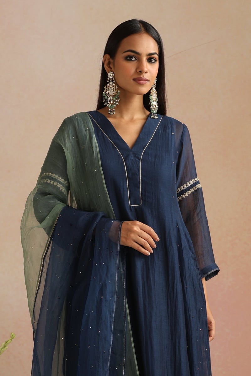 Navy Blue Silk Chanderi Embroidered Kurta Set — Trendy Tokari
